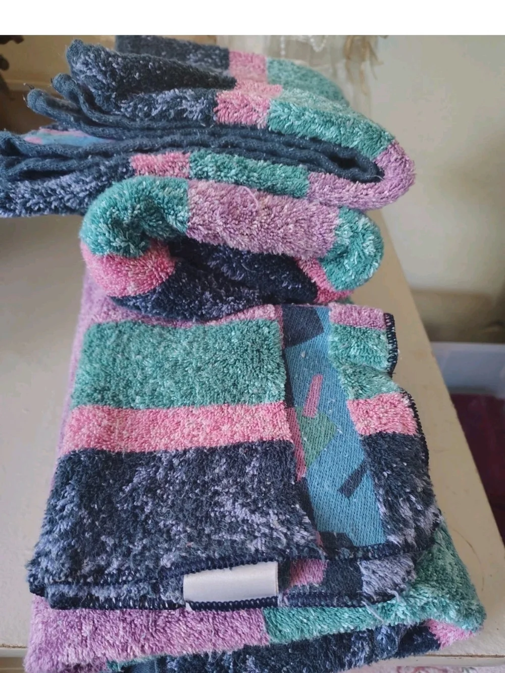 Striped Plush Bath Towel Set in Teal, Pink & Charcoal